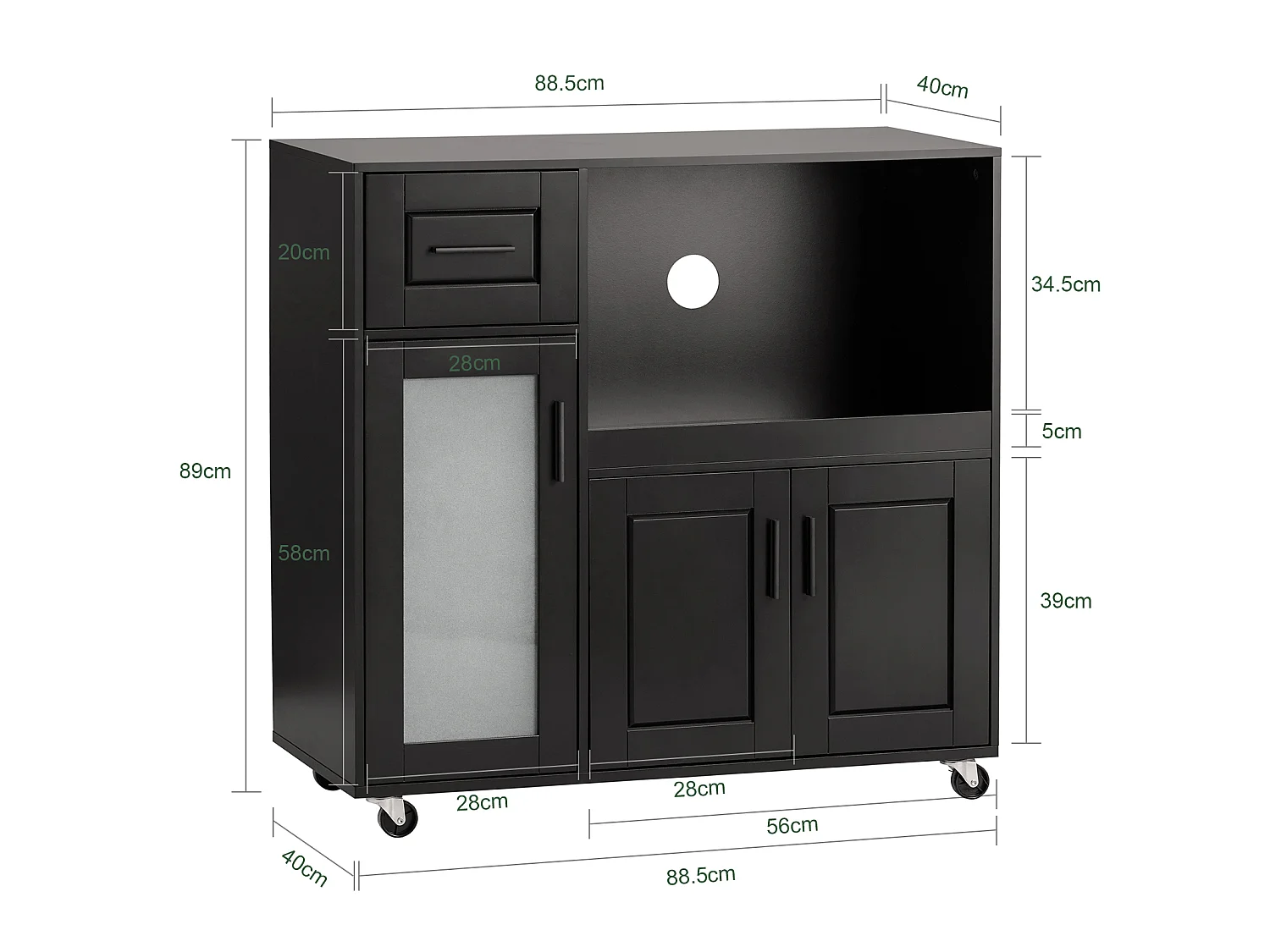 SoBuy FSB78-SCH Meuble Micro-Ondes Buffet Commode sur roulettes Armoire avec 3 Portes, 1 Tiroir, 1 Compartiment, pour Cuisine, Salle à Manger, Salon