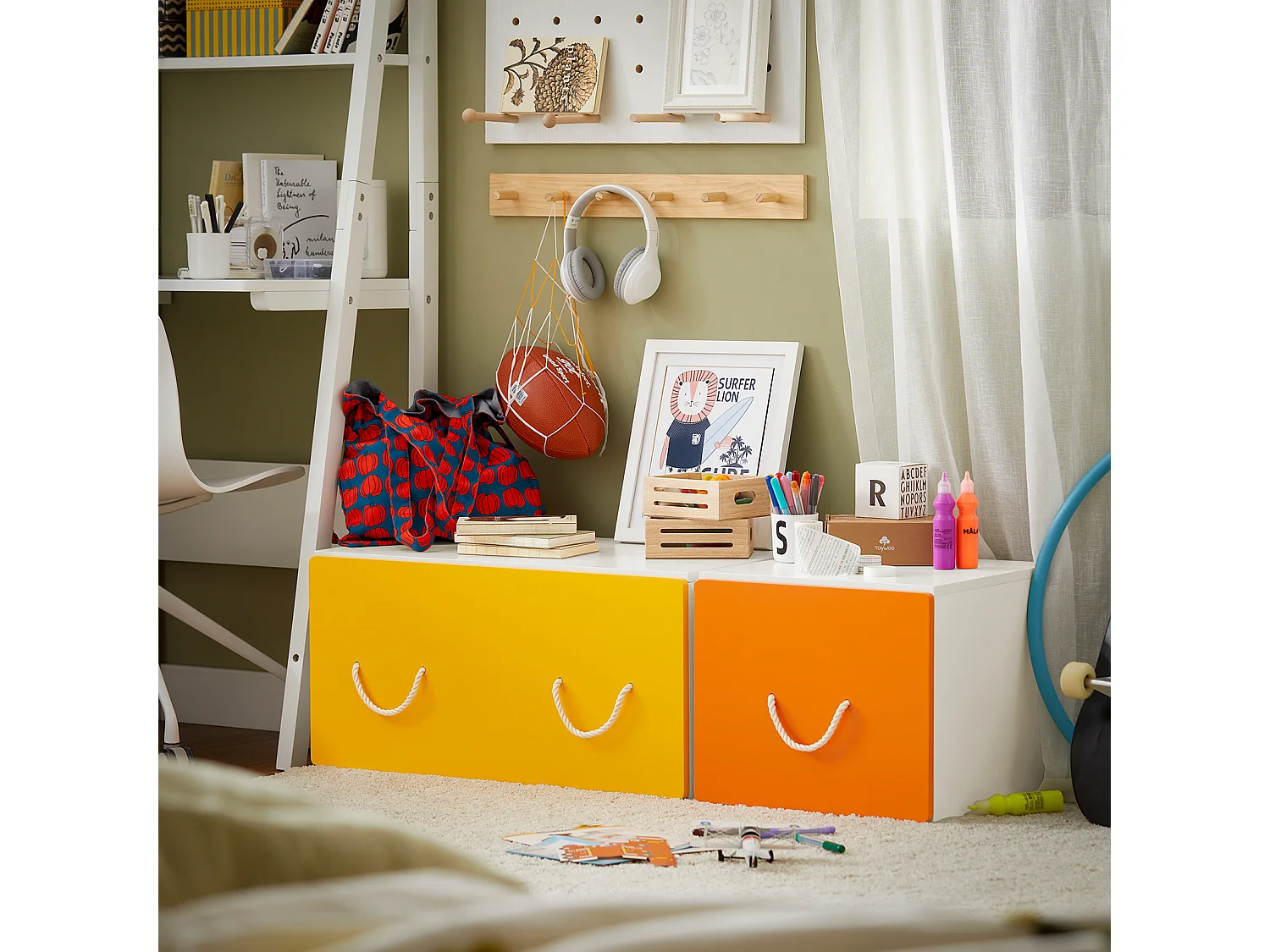 SoBuy KMB73-W Coffre à Jouets, Meuble de Rangement à Roulettes,  Bac de Rangement avec 1 Tiroir pour Chambre Enfant et Salle de Jeux, Blanc Jaune