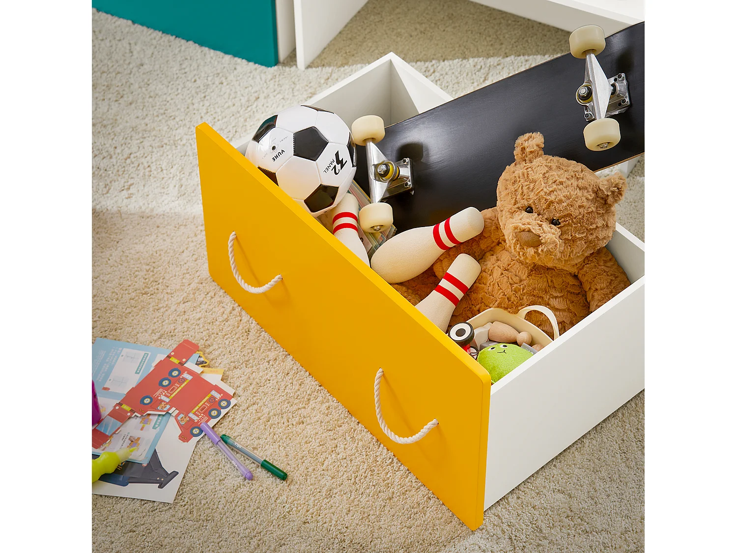 SoBuy KMB73-W Coffre à Jouets, Meuble de Rangement à Roulettes,  Bac de Rangement avec 1 Tiroir pour Chambre Enfant et Salle de Jeux, Blanc Jaune