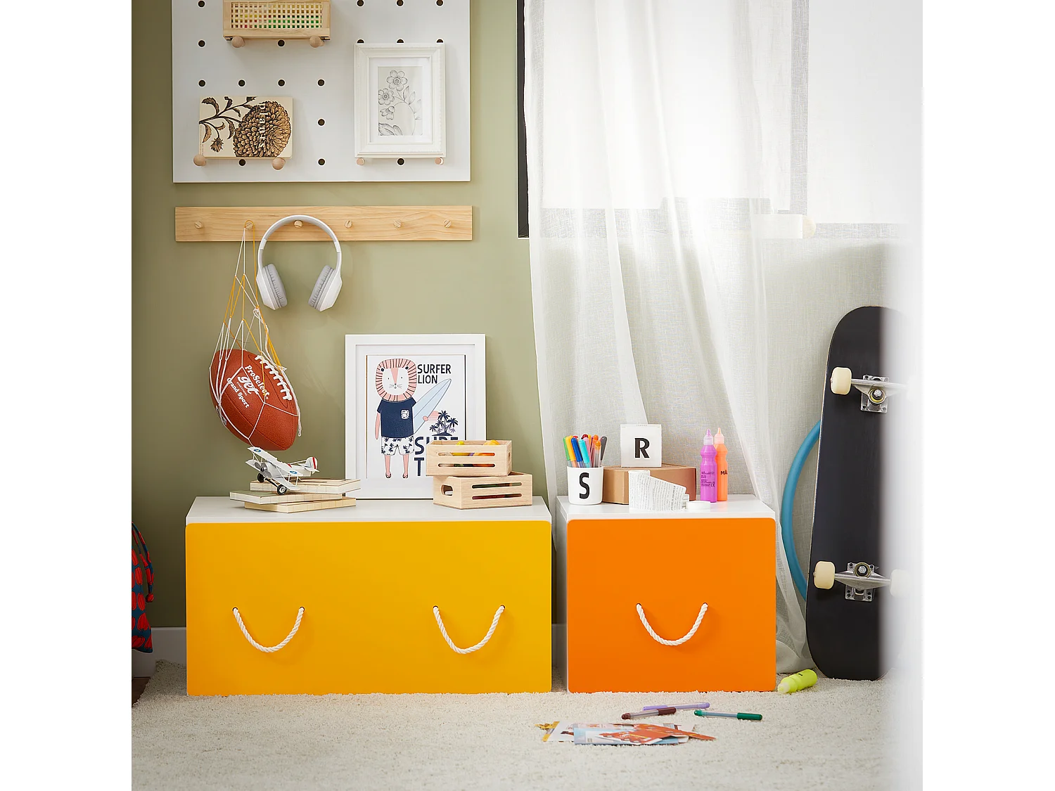 SoBuy KMB73-W Coffre à Jouets, Meuble de Rangement à Roulettes,  Bac de Rangement avec 1 Tiroir pour Chambre Enfant et Salle de Jeux, Blanc Jaune