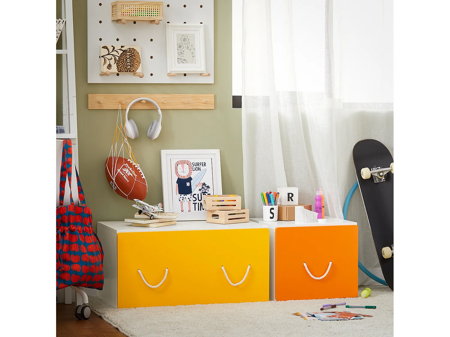 SoBuy KMB73-W Coffre à Jouets, Meuble de Rangement à Roulettes,  Bac de Rangement avec 1 Tiroir pour Chambre Enfant et Salle de Jeux, Blanc Jaune