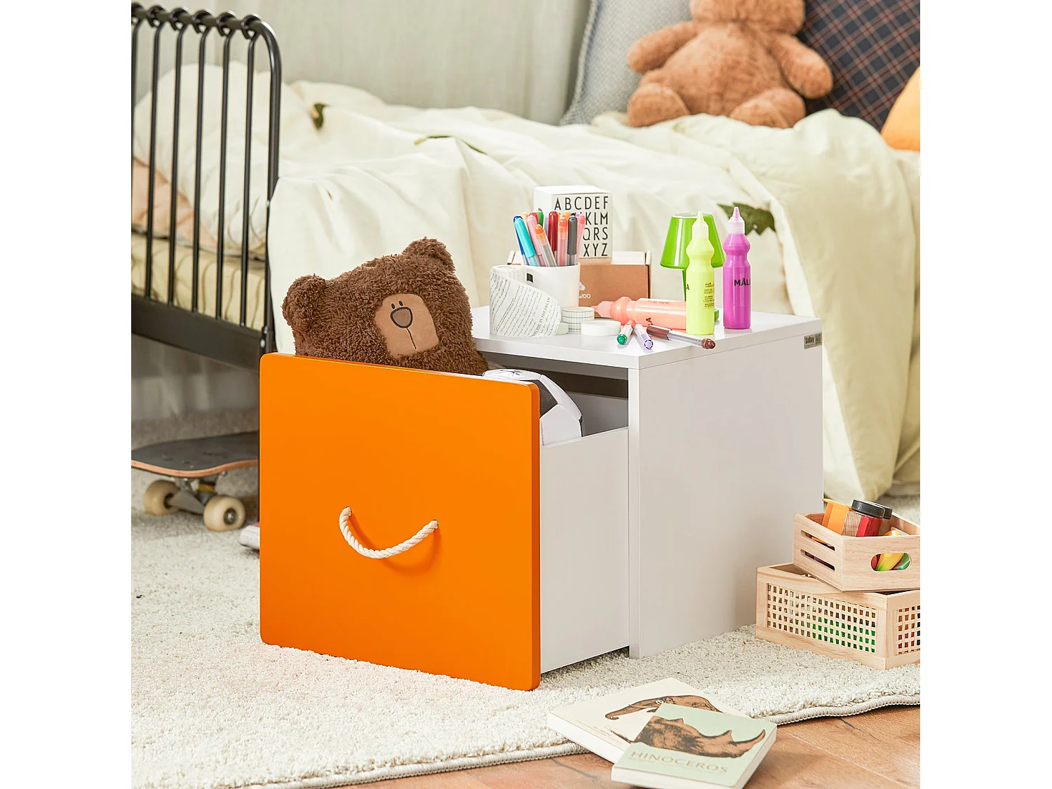 SoBuy KMB74-W Boîte de Rangement, Meuble de Rangement à roulettes, Coffre à Jouets avec 1 Tiroir pour Chambre Enfant et Salle de Jeux