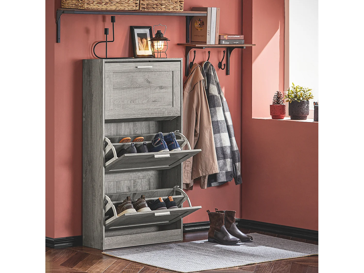 SoBuy FSR137-L-HG Meuble à Chaussures Armoire à Chaussures Commode à Chaussures Meuble d'entrée avec 3 Abattants pour Entrée Couloir