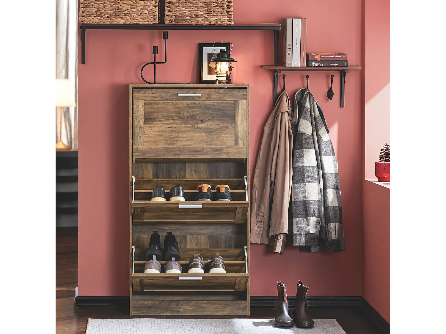 SoBuy FSR137-L-F Meuble à Chaussures Armoire à Chaussures Meuble d'entrée, Meuble de Rangement à Chaussures avec 3 Abattants pour Entrée Couloir