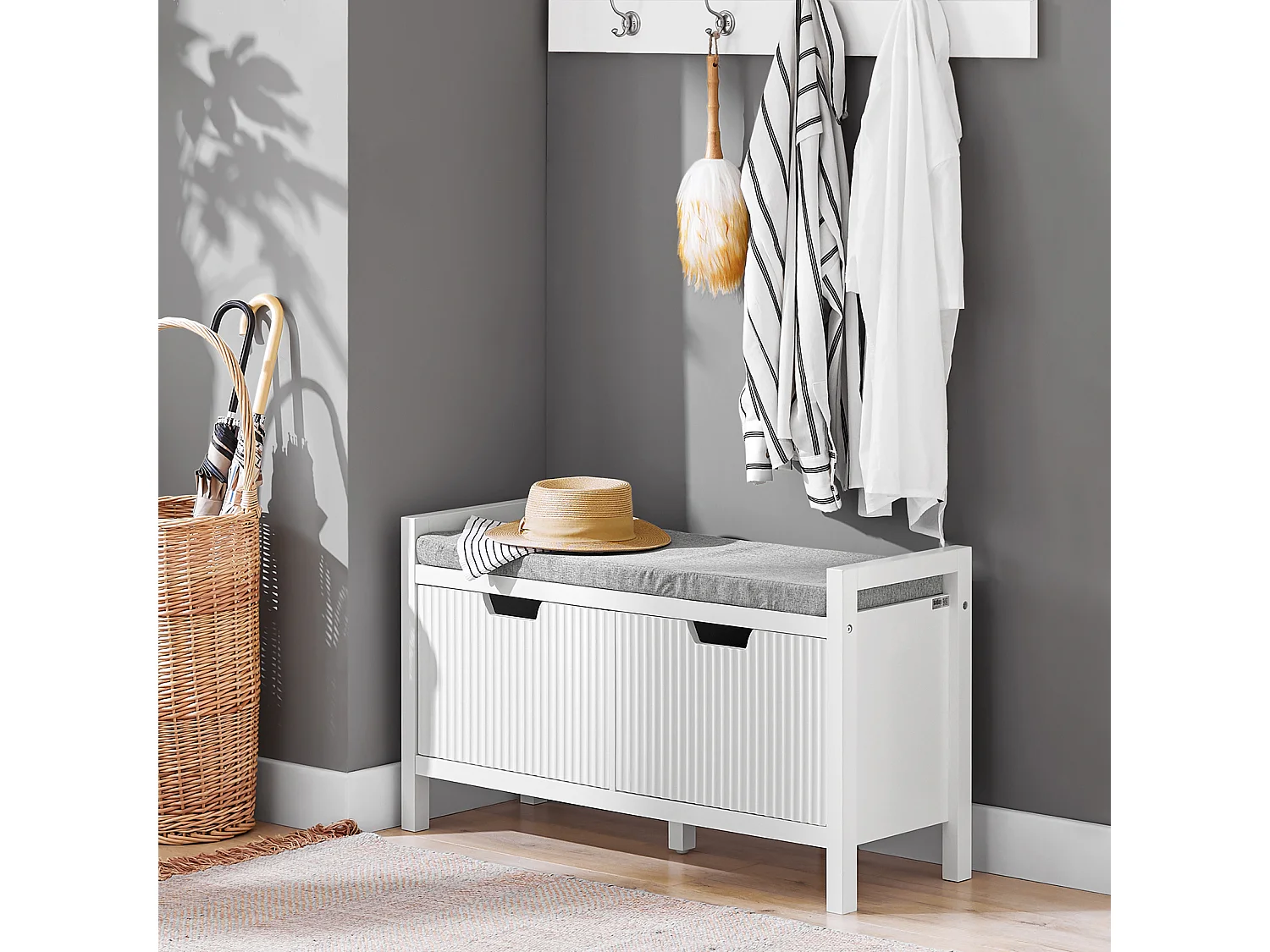 Banco Zapatero con 2 Puertas con Rayas Verticales Armario Multifuncional para Entrada con Acolchado Cojín 91 x 30 x 50 cm Blanco FSR146-W SoBuy ES