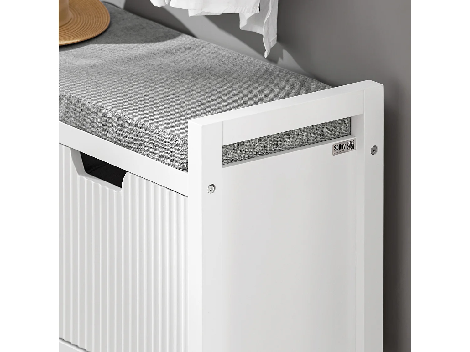 Banco Zapatero con 2 Puertas con Rayas Verticales Armario Multifuncional para Entrada con Acolchado Cojín 91 x 30 x 50 cm Blanco FSR146-W SoBuy ES