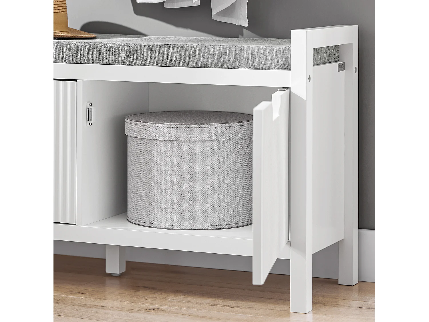 Banco Zapatero con 2 Puertas con Rayas Verticales Armario Multifuncional para Entrada con Acolchado Cojín 91 x 30 x 50 cm Blanco FSR146-W SoBuy ES
