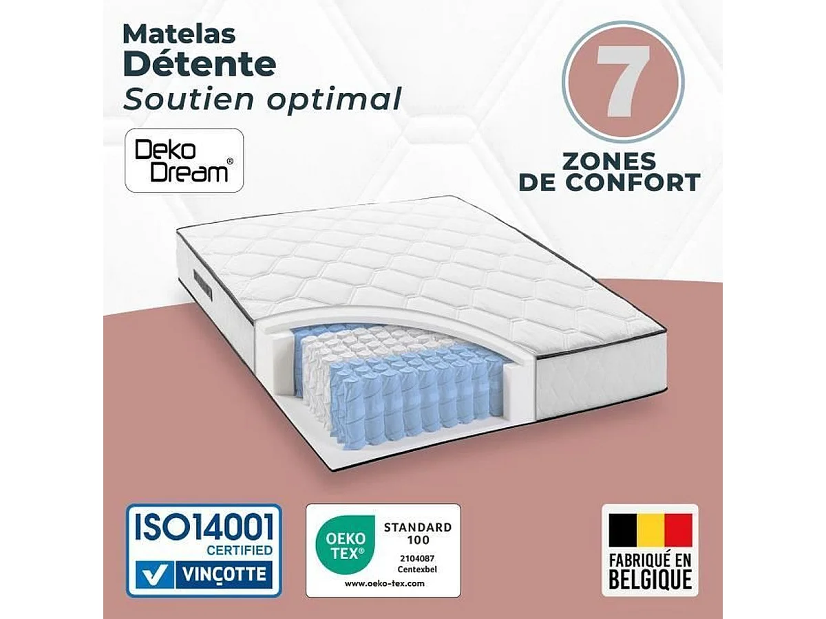 DEKO DREAM Matelas 160 x 200 - 672 Ressorts - 24 cm - 5 zones - Equilibre - DETENTE