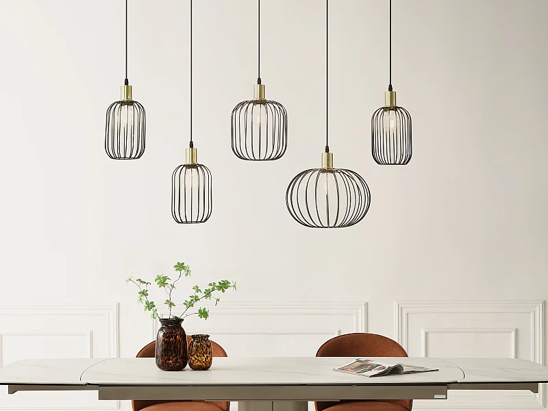 Lustre industriel en métal - 5 abat-jours - L. 110 x H.125 x P. 30 cm - Noir - FATICK