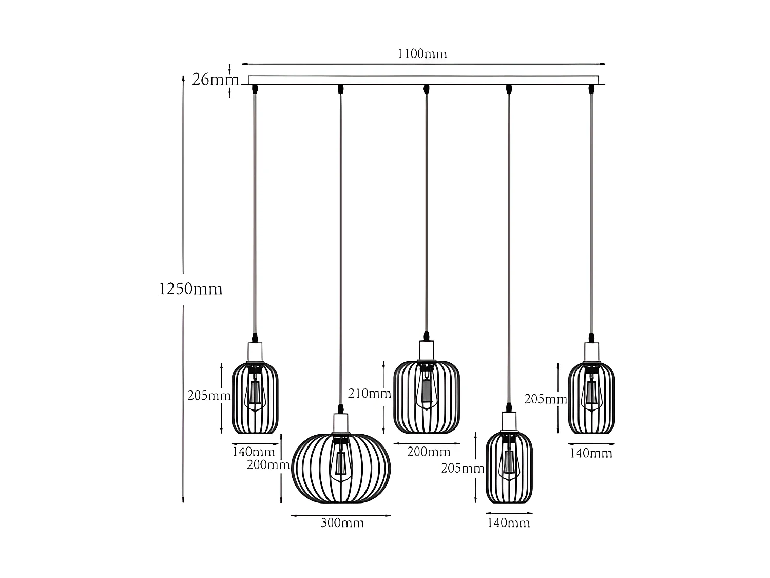 Lustre estilo industrial em metal, 5 abajures, C110 x A125 x L30 cm preto - FATICK
