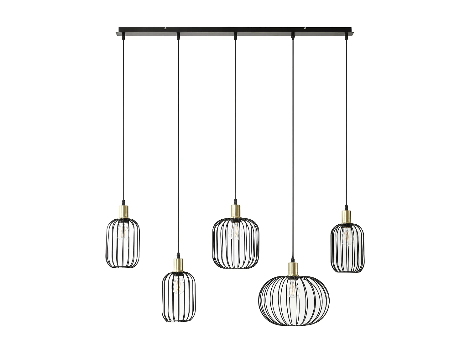 Lustre industriel en métal - 5 abat-jours - L. 110 x H.125 x P. 30 cm - Noir - FATICK