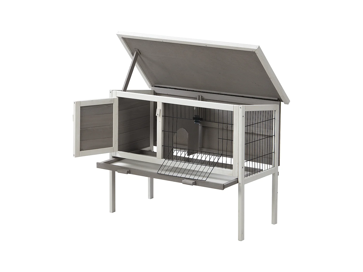Clapier en bois sur pieds pour lapins et rongeurs - L. 91 x P. 45 x H. 70 cm - Blanc et gris - LAPIUS