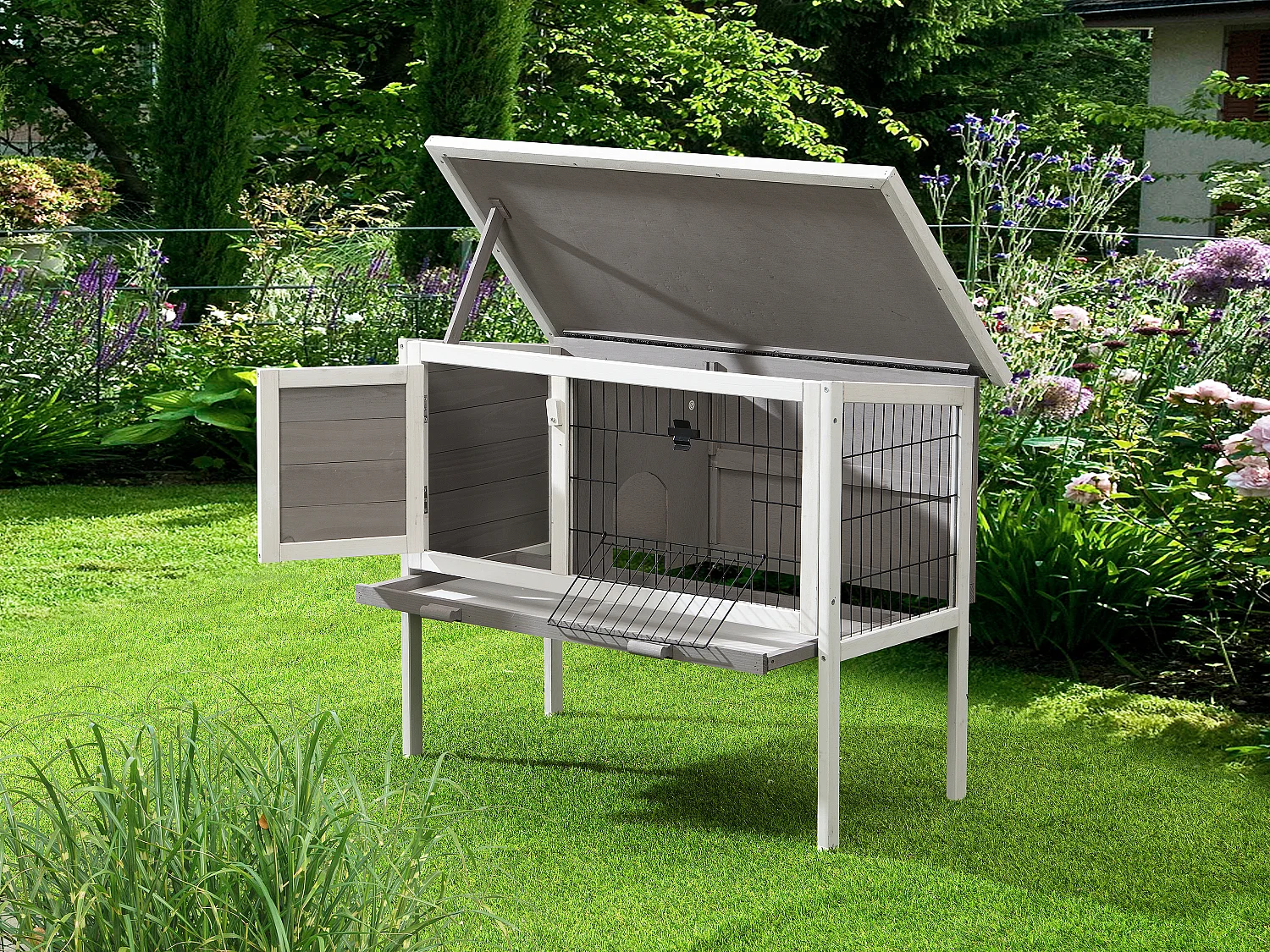 Coelheira de madeira para coelhos e roedores C91 x L45 x A70 cm branco e cinza - LAPIUS