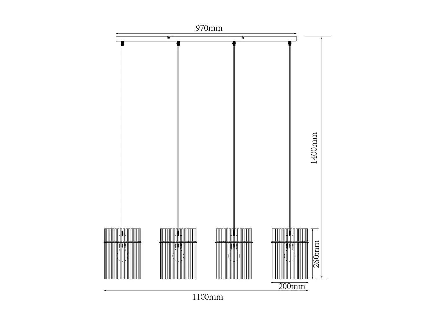 Lámpara industrial - 4 pantallas de vidrio ahumado - L. 110 x Alt. . 140cm - Negro - DIVO