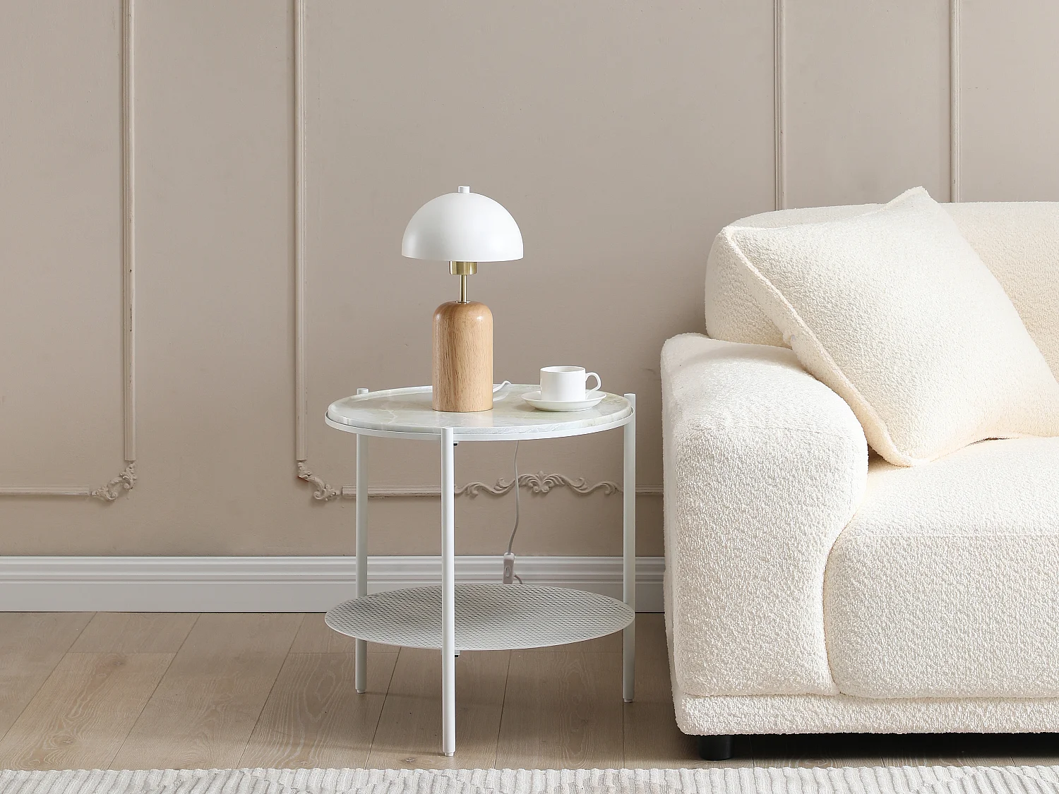 Lampe  à poser champignon en bois et métal - D. 20 x H. 35,5 cm - Naturel et blanc - TANTA