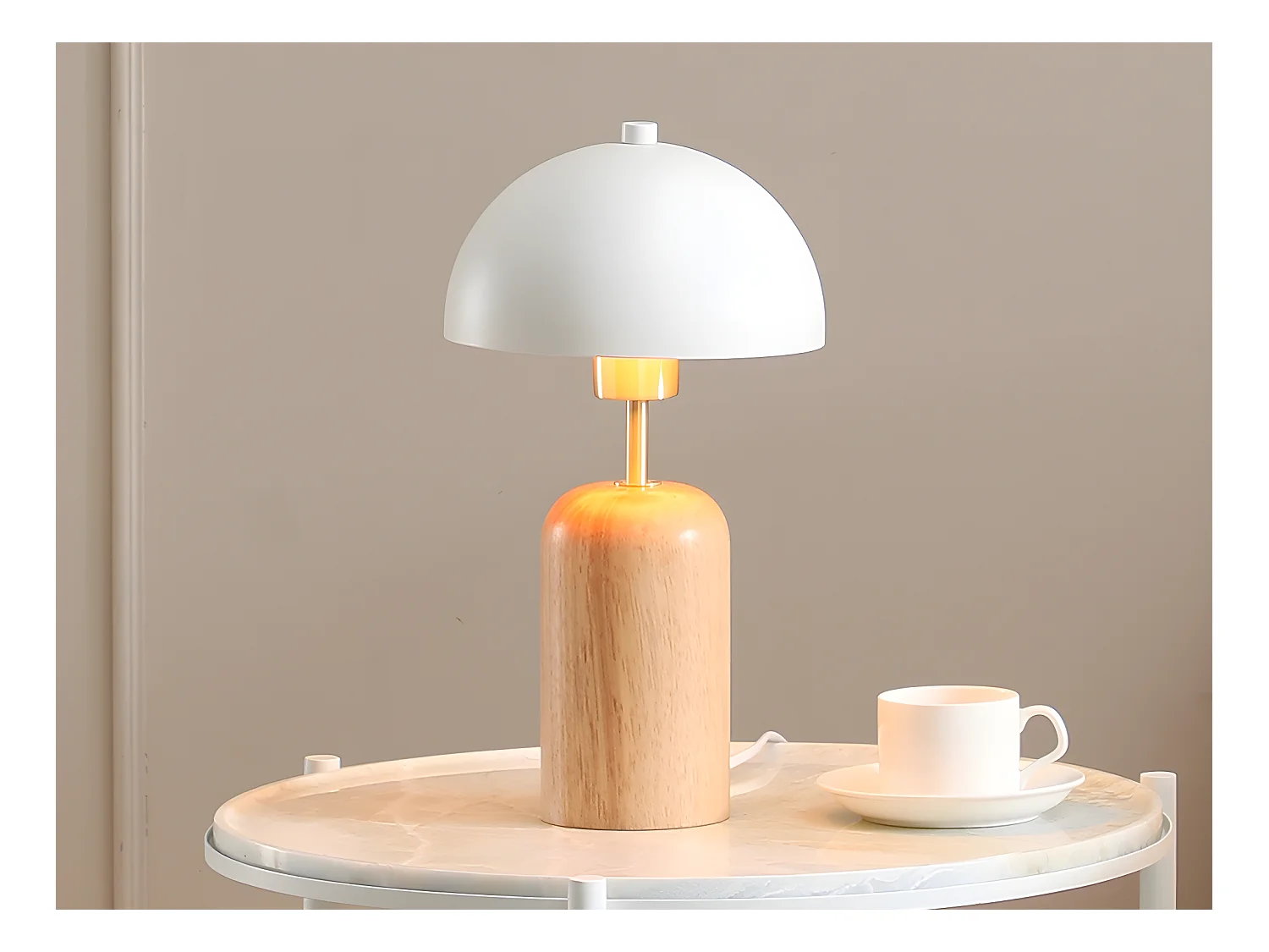 Lampada fungo da tavolo D. 20 x H. 35,5 cm in Legno e Metallo Naturale e Bianco - TANTA