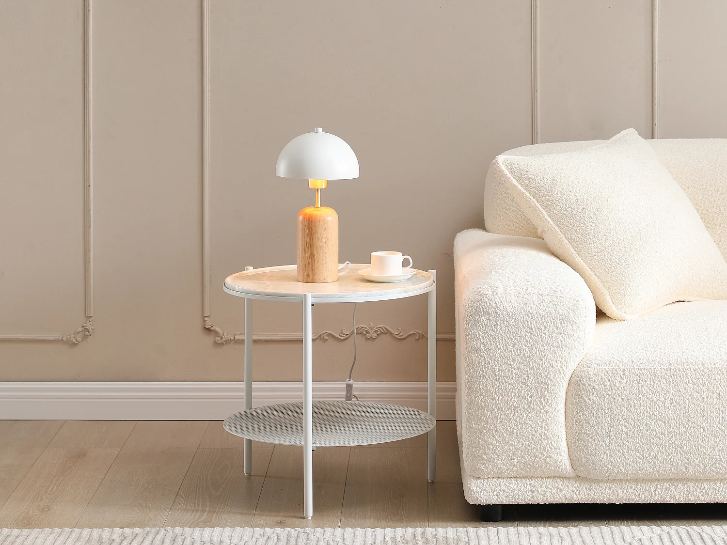 Lampada fungo da tavolo D. 20 x H. 35,5 cm in Legno e Metallo Naturale e Bianco - TANTA