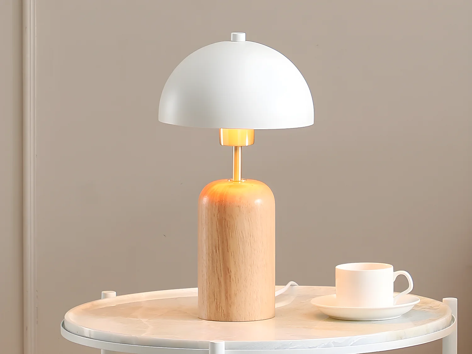 Pilzförmige Tischleuchte - Holz & Metall - 20 x 35,5 cm - Holzfarben & Weiß - TANTA
