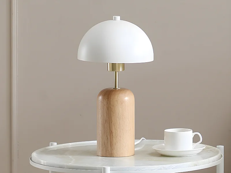 Candeeiro de mesa cogumelo em madeira e metal D20xA35,5 cm natural e branco - TANTA