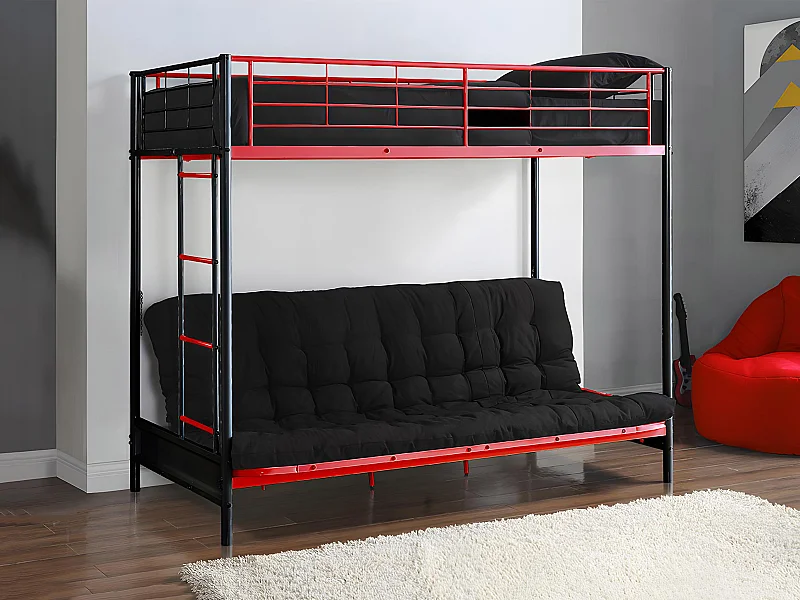 Hochbett mit Schlafsofa - 90 x 190 cm - Metall - Rot & Schwarz - MODULO V