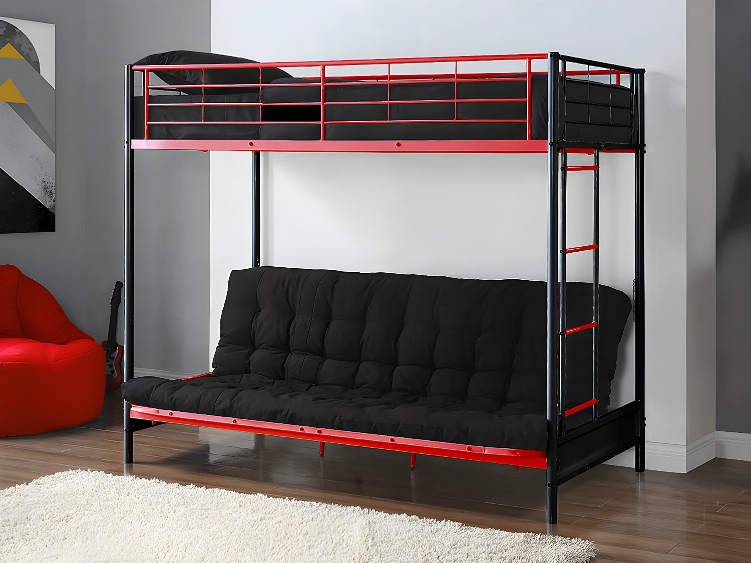 Łóżko antresola MODULO IV - 90 × 190 cm - Czarny i czerwony