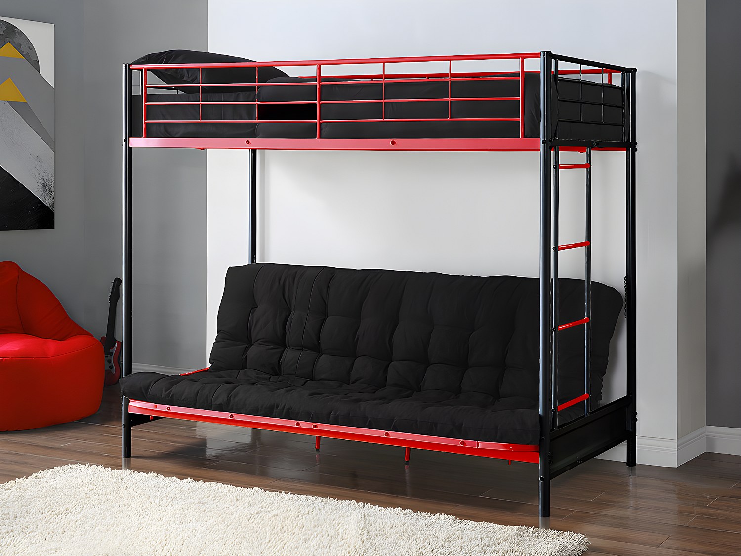 Hochbett mit Schlafsofa - 90 x 190 cm - Metall - Rot & Schwarz - MODULO V günstig online kaufen