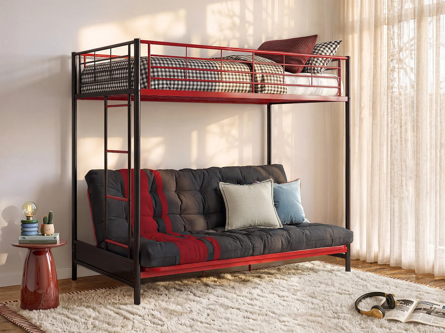 Lit mezzanine 90 x 190 cm - Avec banquette convertible - Métal - Noir et rouge - MODULO V