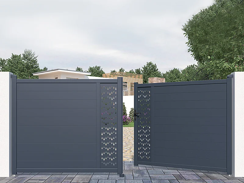 Portail battant aluminium semi plein à motifs L397 x H181 cm anthracite GREGOR