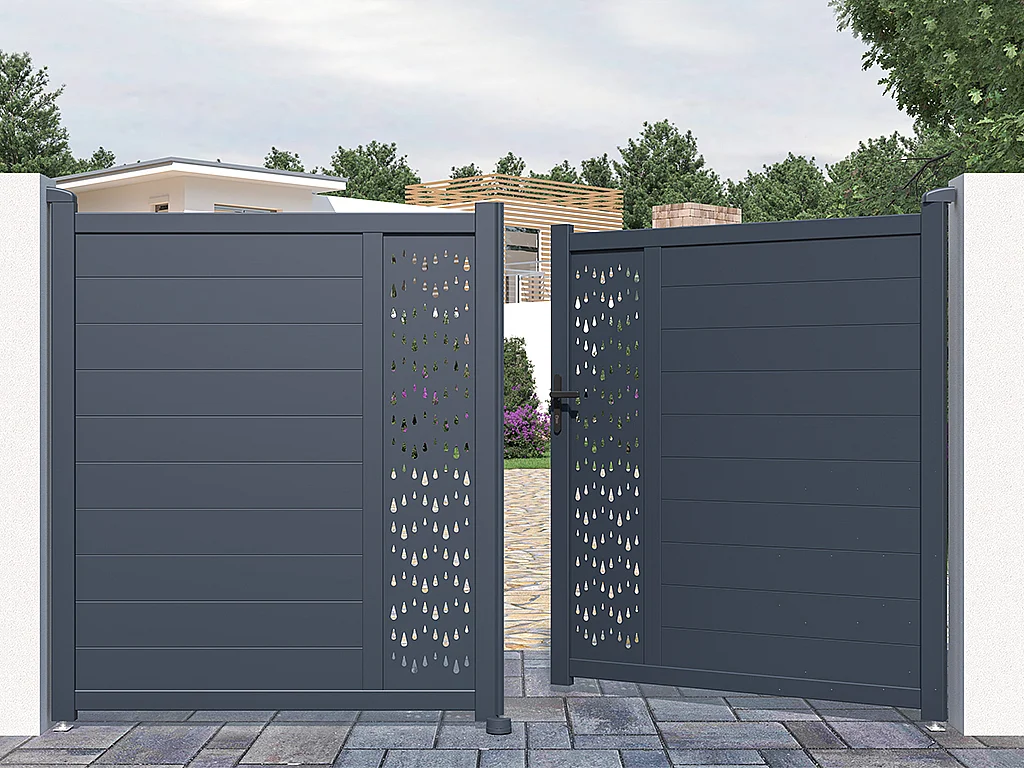 Portail battant aluminium semi plein à motifs L305 x H181 cm anthracite GREGOR