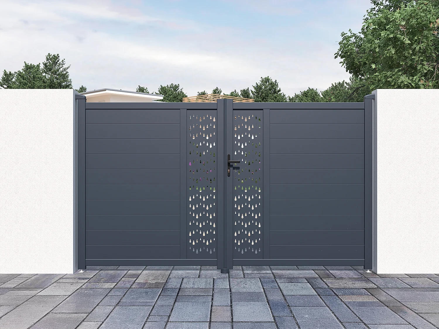 Portail battant aluminium semi plein à motifs L305 x H180 cm anthracite GREGOR