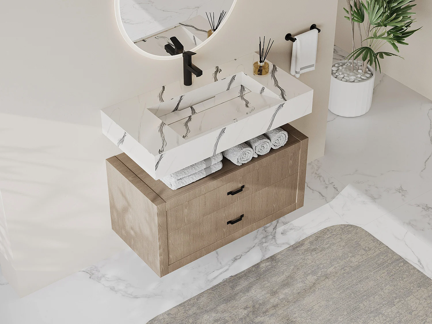 Vasque suspendue en solid surface effet marbre blanc - TAKOTNA - L90.2 x l45.2 x H8 cm