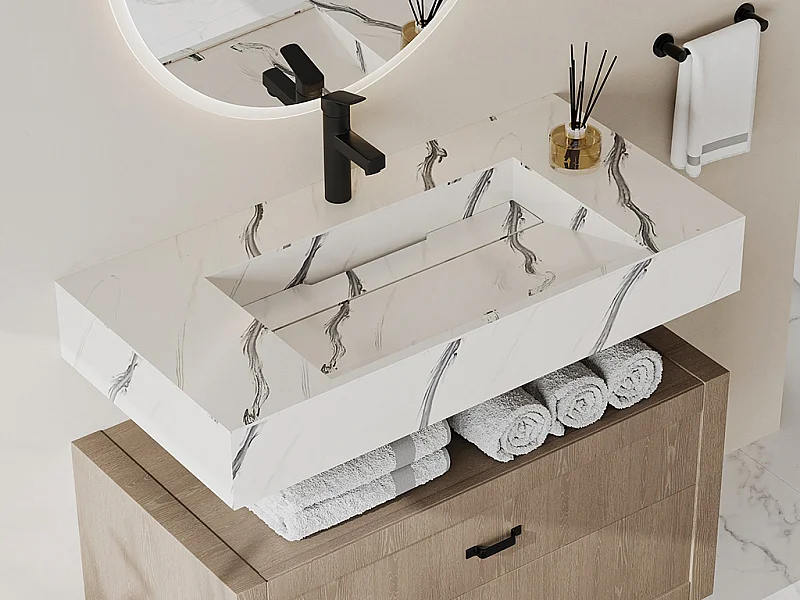 Veggmontert vask i solid surface med hvit marmoreffekt - TAKOTNA - L90.2 x b45.2 x H8 cm