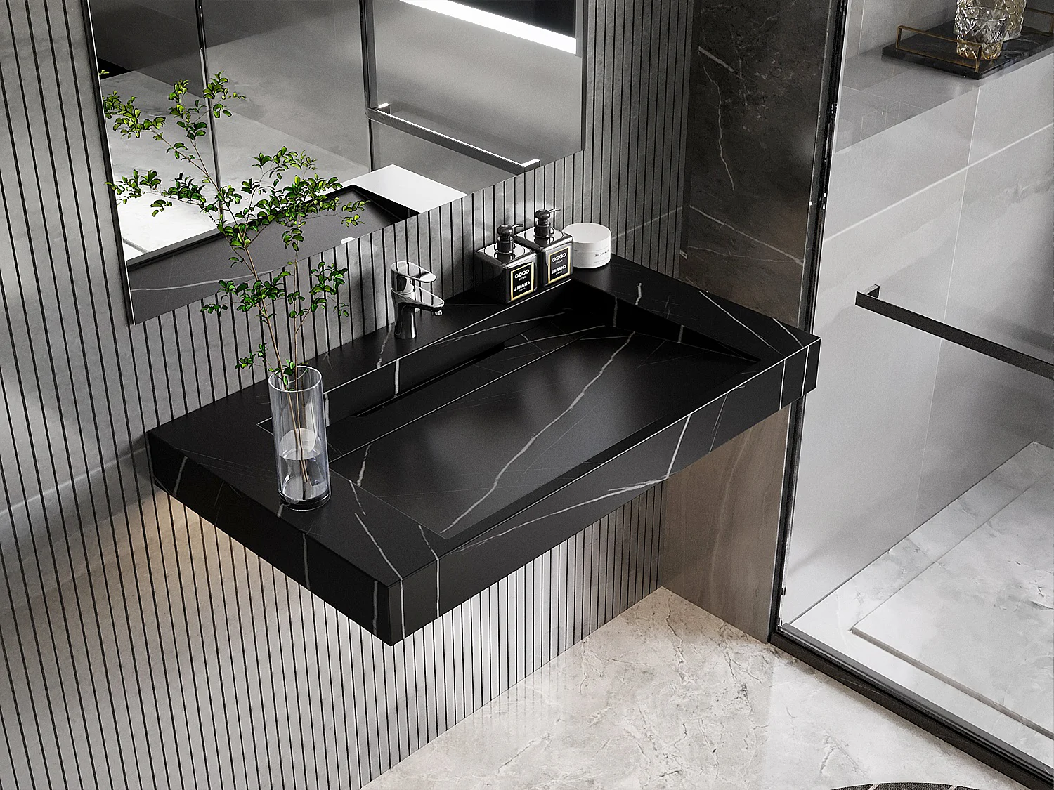 Waschbecken hängend  - 90.2 x 45.2 x 8 cm - Schwarz mit Marmor-Optik - TAKOTNA