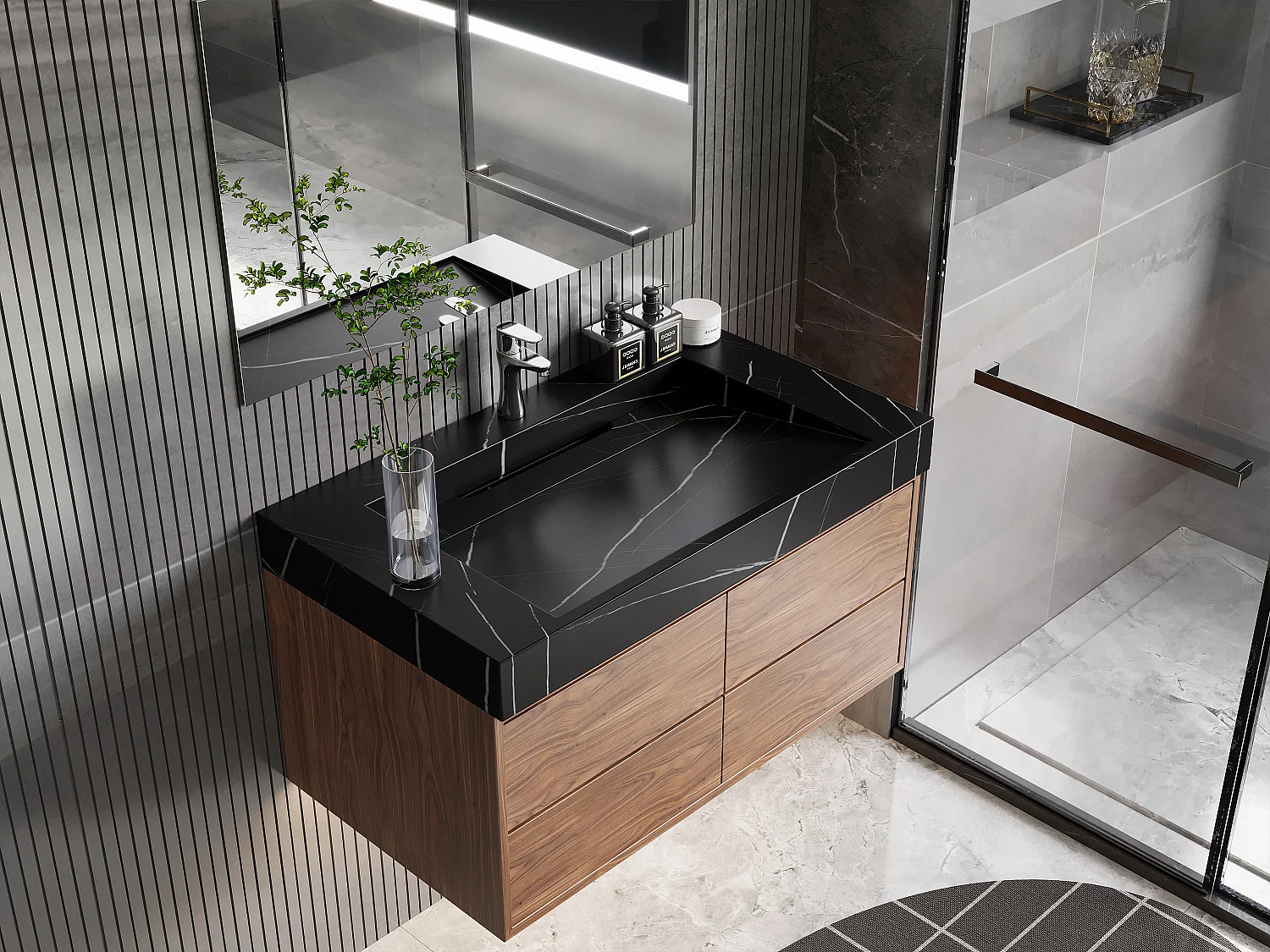 Lavabo sospeso L90.2 x l45,2 x H8 cm in Solid Surface effetto marmo Nero - TAKOTNA