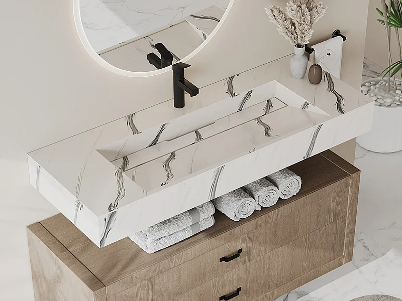 Lavabo sospeso L120.2 x l45,2 x H8 cm in Solid Surface effetto marmo Bianco - TAKOTNA