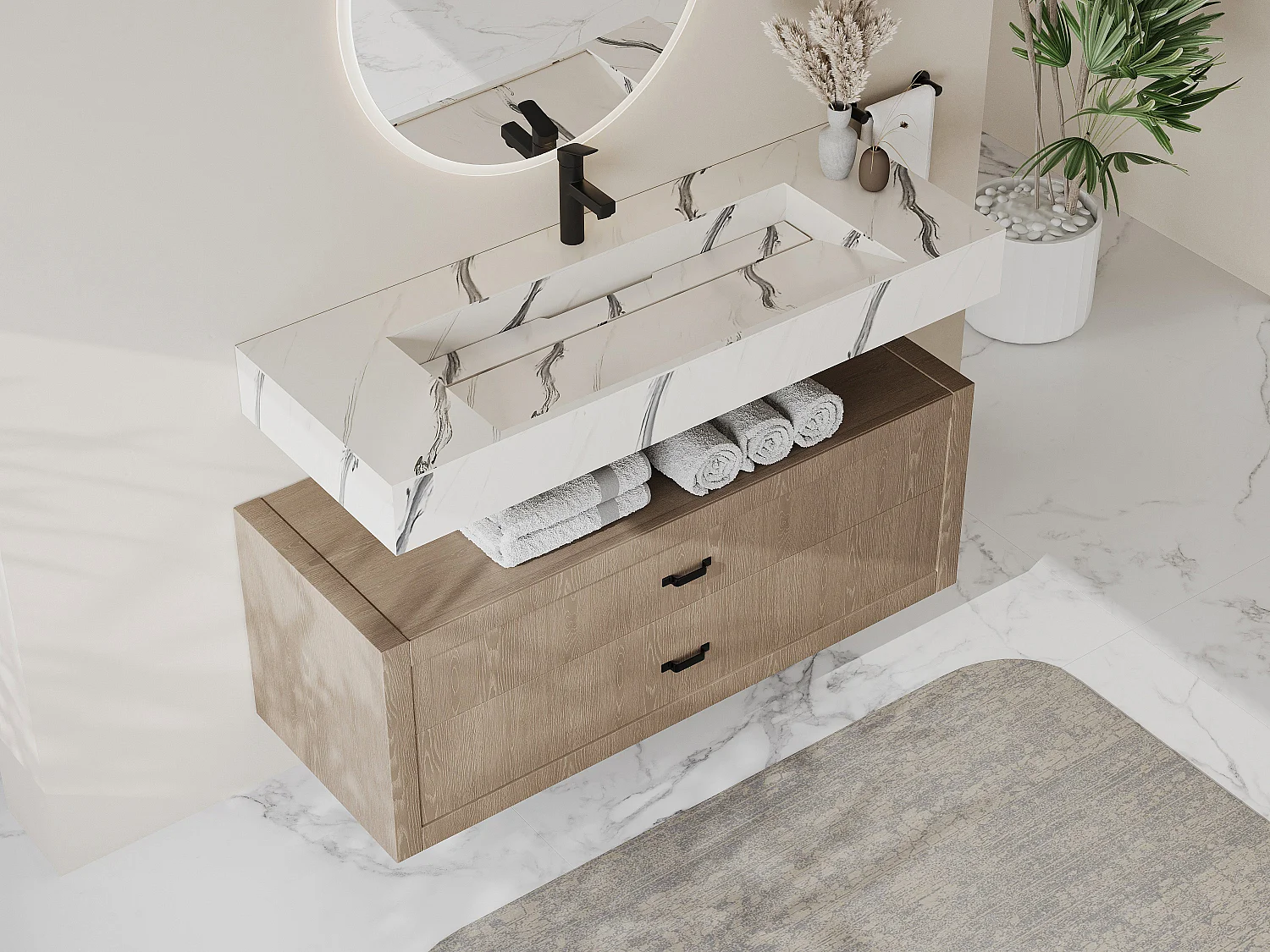 Vasque suspendue en solid surface effet marbre blanc - TAKOTNA - L120.2 x l45.2 x H8 cm