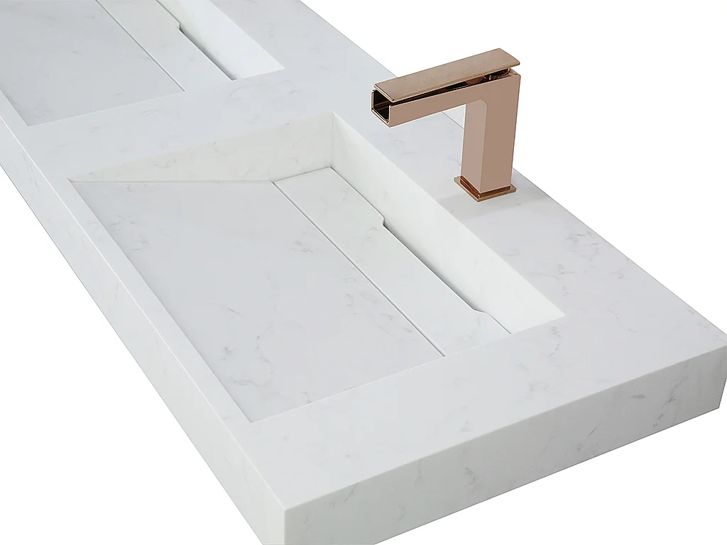 Double vasque suspendue en solid surface effet marbre blanc -  KODIAK - L120.2 x l45.2 x H8 cm