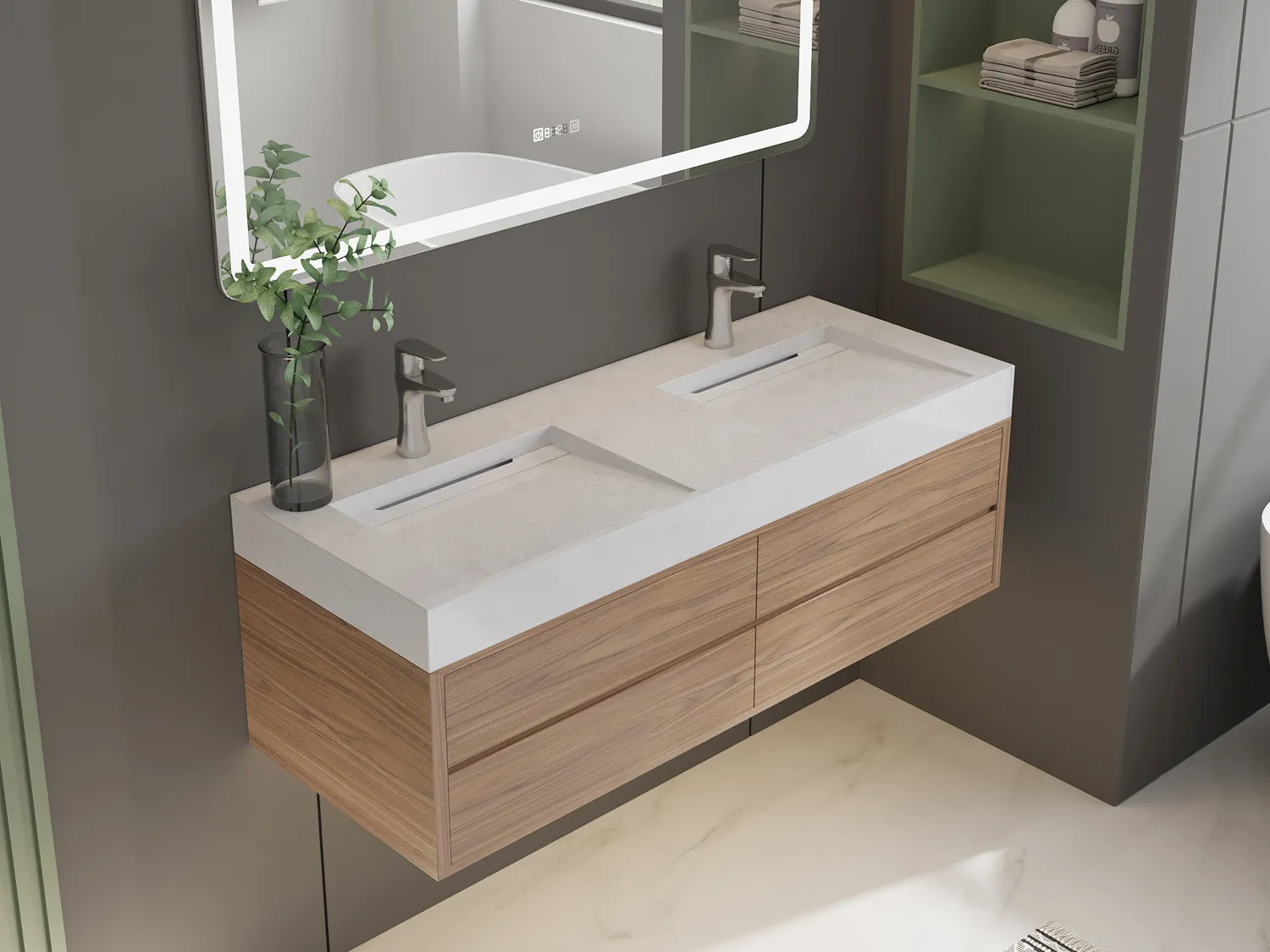 Doppelwaschbecken hängend - 120,2 x 45,2 x 8 cm - Weiß mit Marmor-Optik - KODIAK