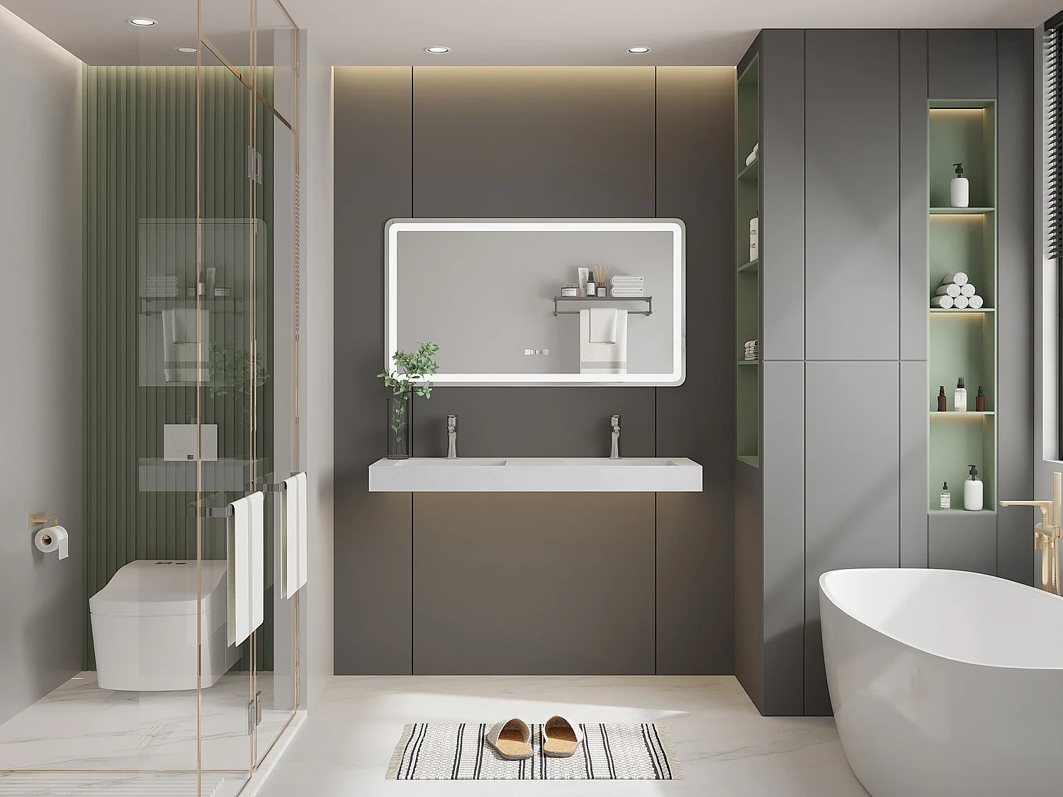 Väggmonterat dubbeltvättställskåp i vit solid surface och marmoreffekt 120,2 × 45,2 × 8 cm KODIAK