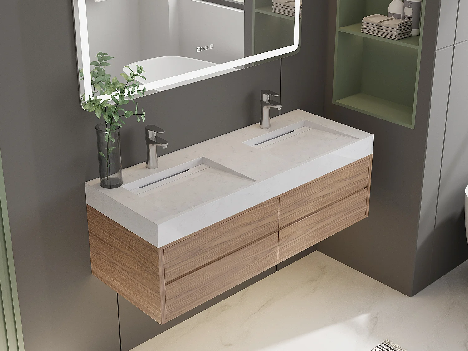 Väggmonterat dubbeltvättställskåp i vit solid surface och marmoreffekt 120,2 × 45,2 × 8 cm KODIAK