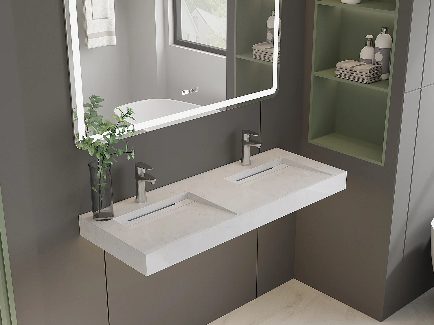 Väggmonterat dubbeltvättställskåp i vit solid surface och marmoreffekt 120,2 × 45,2 × 8 cm KODIAK