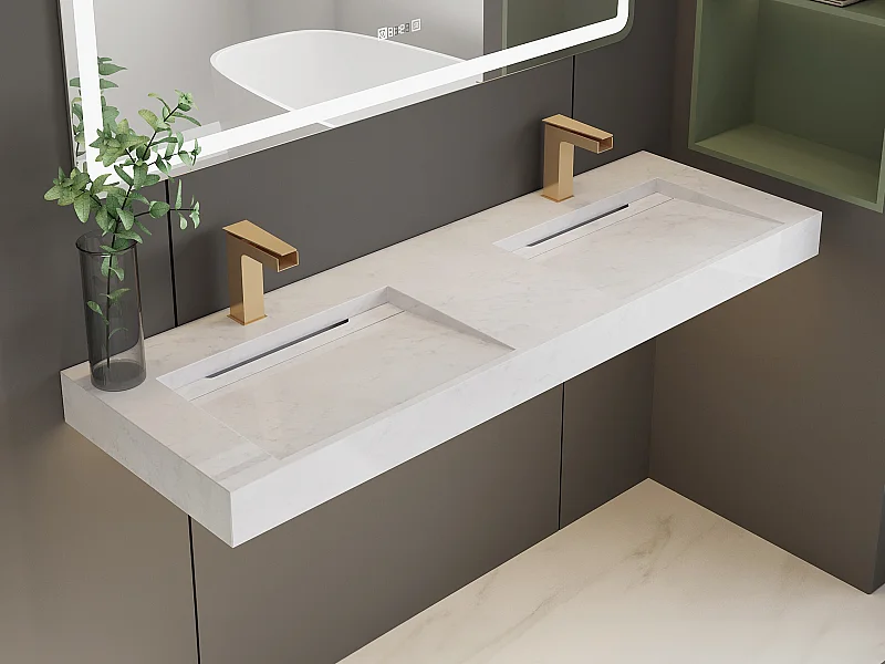 Double vasque suspendue en solid surface effet marbre blanc -  KODIAK - L140.2 x l45.2 x H8 cm