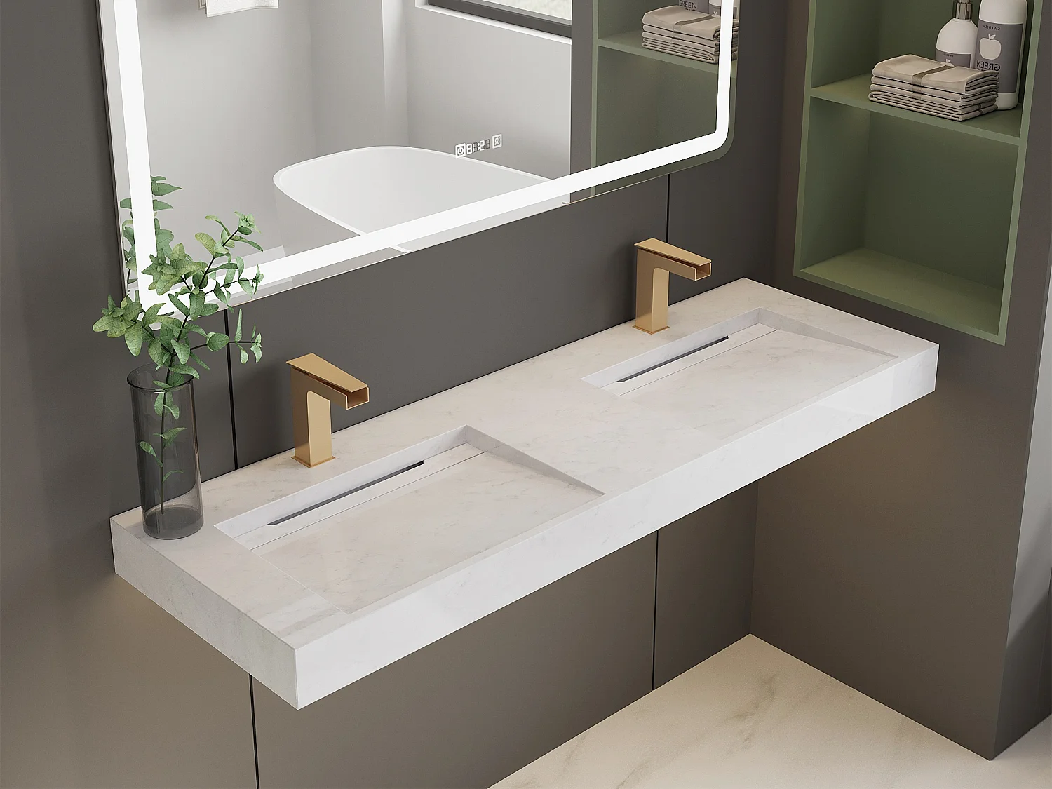 Doppelwaschbecken hängend - 140,2 x 45,2 x 8 cm - Weiß mit Marmor-Optik - KODIAK