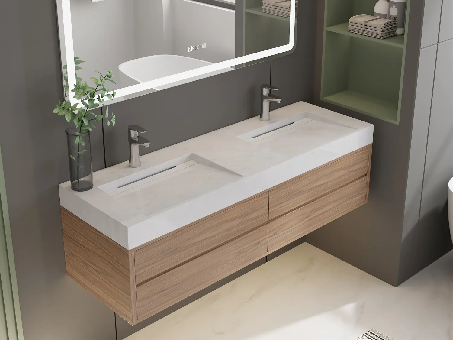 Doble lavabo suspendido efecto mármol blanco - KODIAK - Ancho 140.2 x Prof. 45.2 x Alt. 8  cm