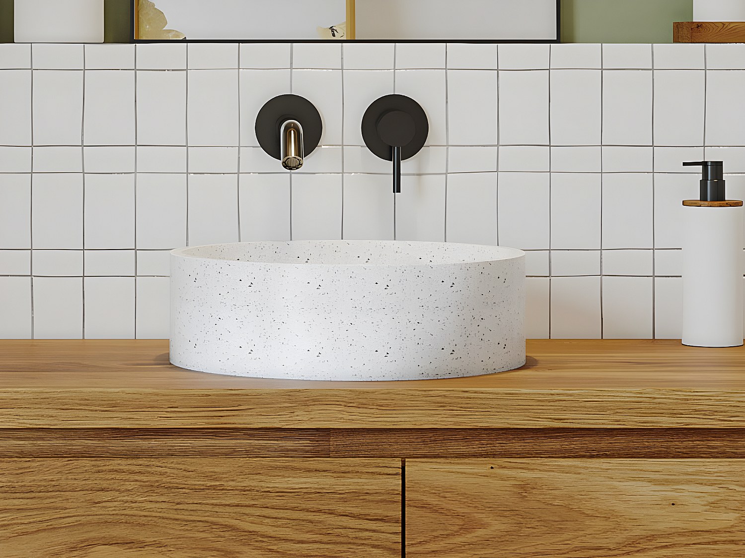 Rund vit terrazzo-handfat för placering på yta - 39 cm - DUKAT