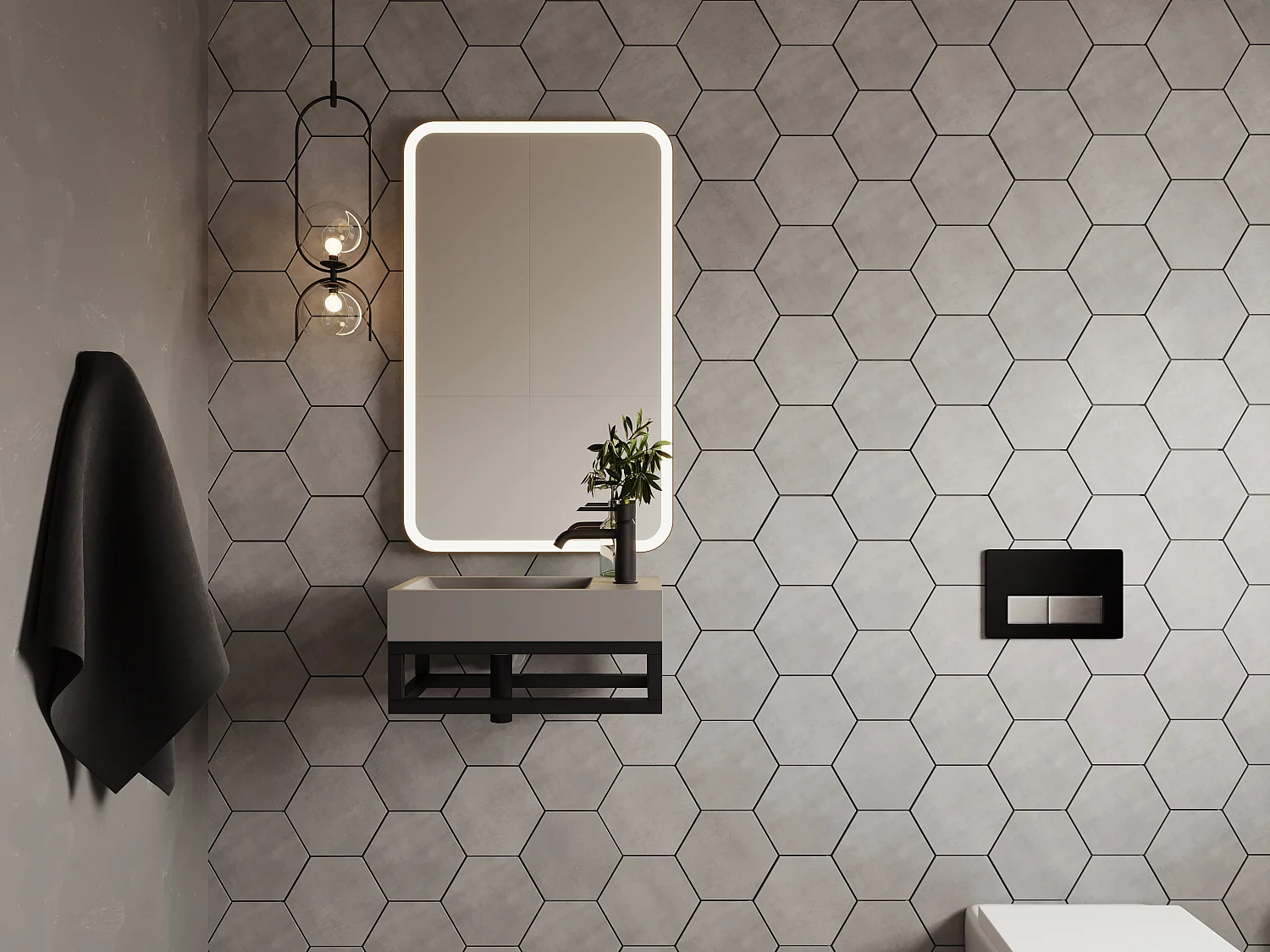 Lave main suspendu en béton avec support - Robinetterie à droite - L40 x l22 cm - UCHAMI