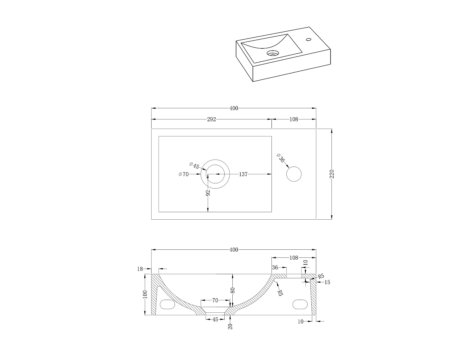 Lavabo suspendido de cemento con soporte - Grifos a la derecha - Ancho 40 x 22 cm - UCHAMI