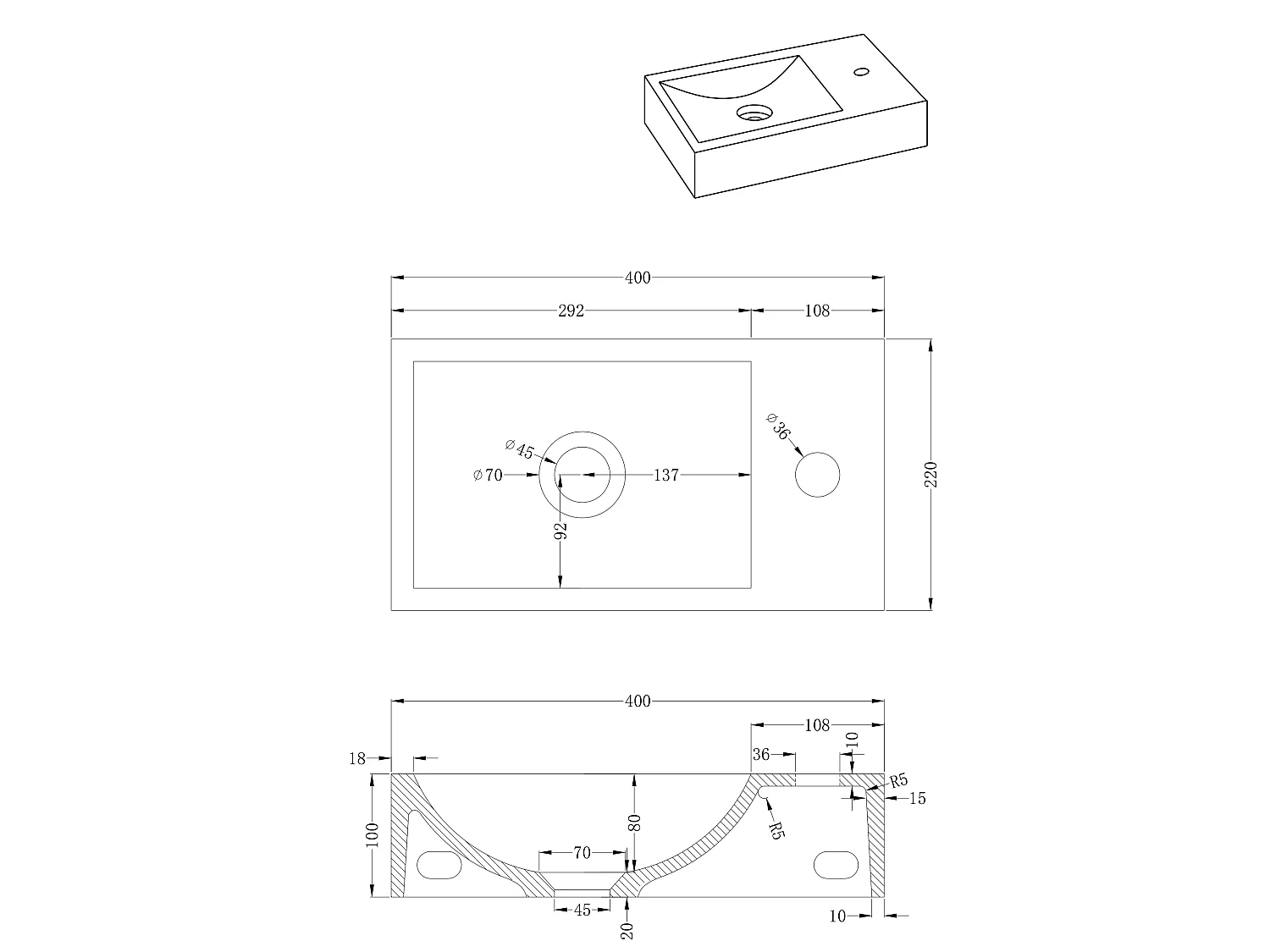 Lave main suspendu en béton avec support - Robinetterie à droite - L40 x l22 cm - UCHAMI