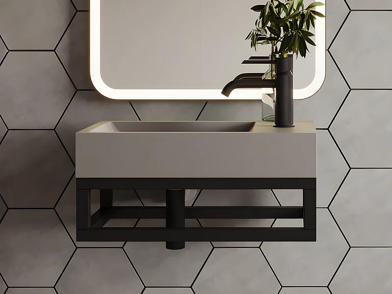 Lavabo suspendido de cemento con soporte - Grifos a la derecha - Ancho 40 x 22 cm - UCHAMI