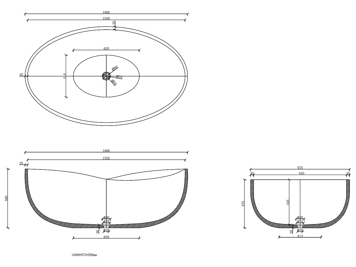 Baignoire îlot en béton - 400L - 160 x 100 x 59,4 cm - IVANOVO